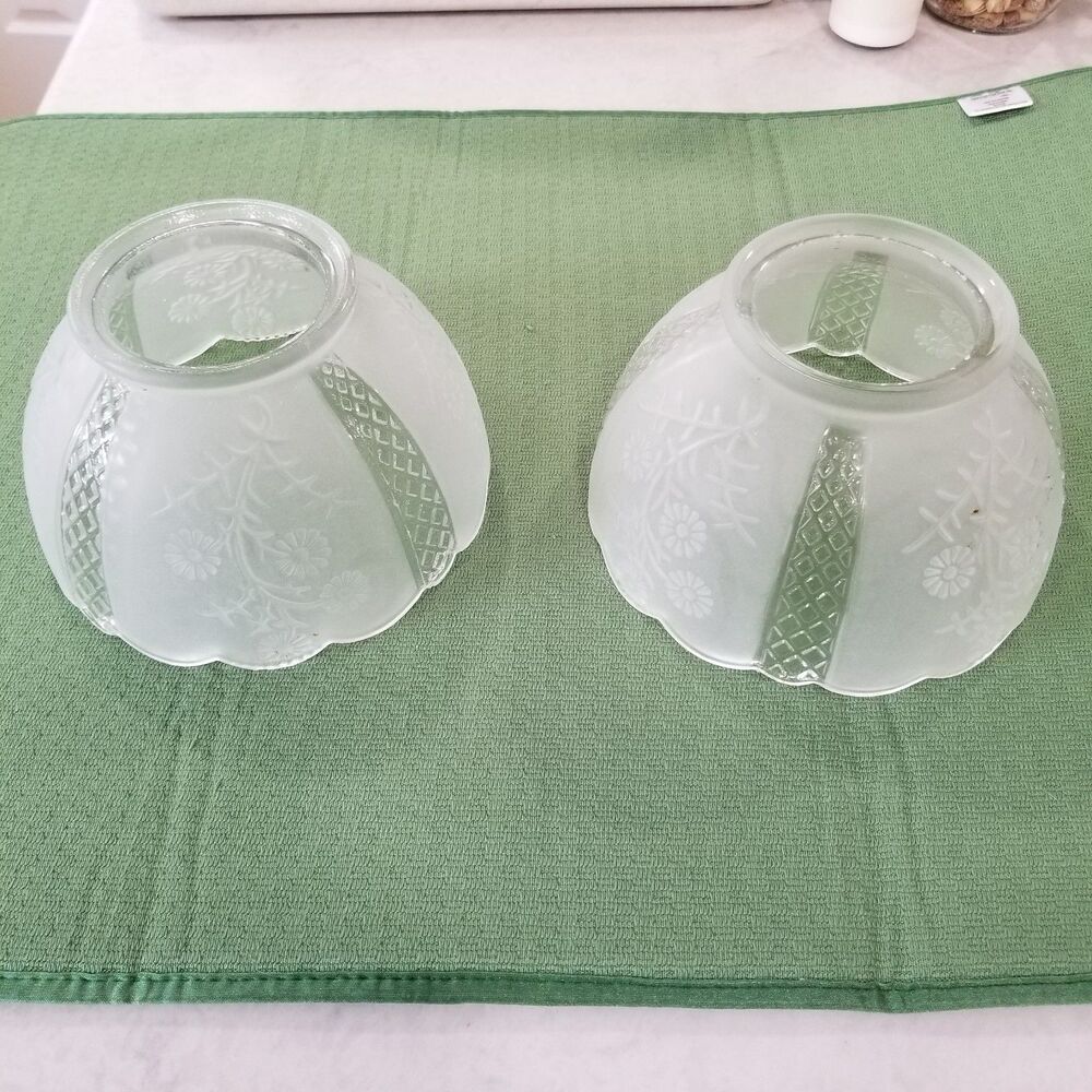 Vintage Frosted Glass Lamp Shades Pair – Floral & Diamond Pattern